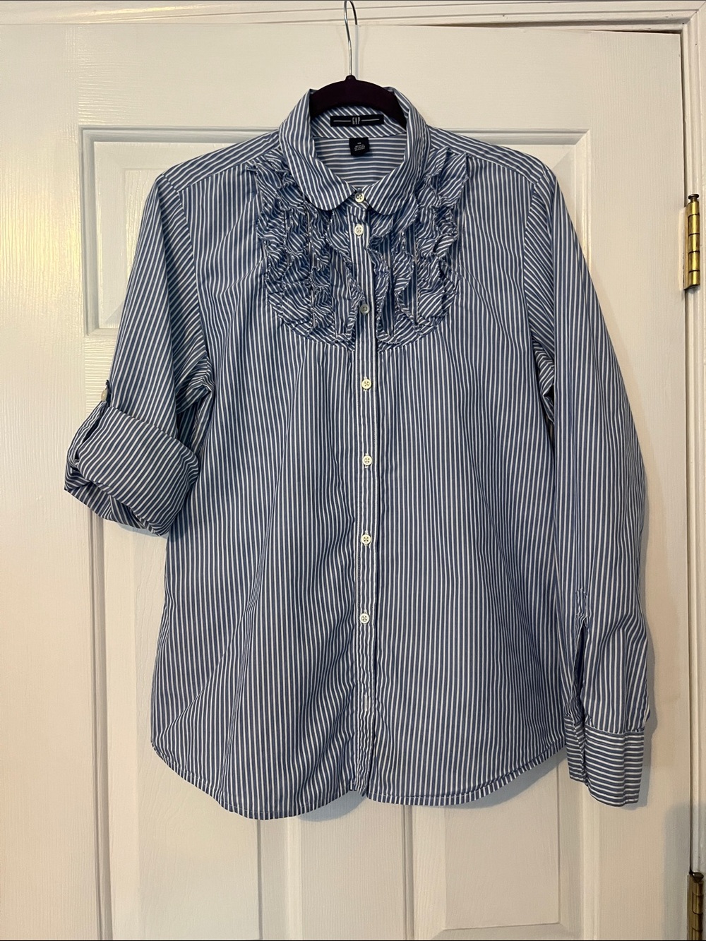 Blue and White Striped Button-Up Shirt with Ruffle Bib